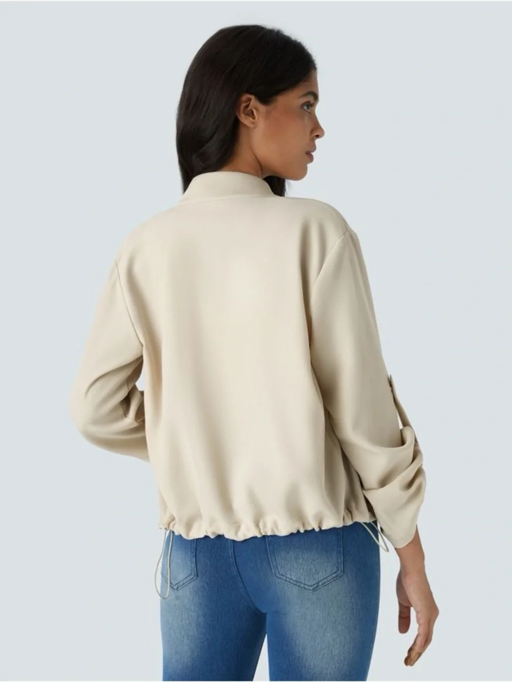 Halara Stand Collar Zip Jacket M Beige Arctic Wolf Drawstring Hem Casual - Picture 3 of 8